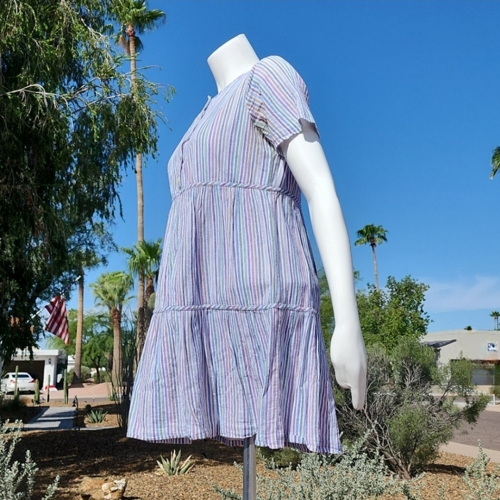 MADEWELL Striped Tiered Mini Dress XS Babydoll Swing Tunic Ruffle 100% Cotton - Picture 7 of 15